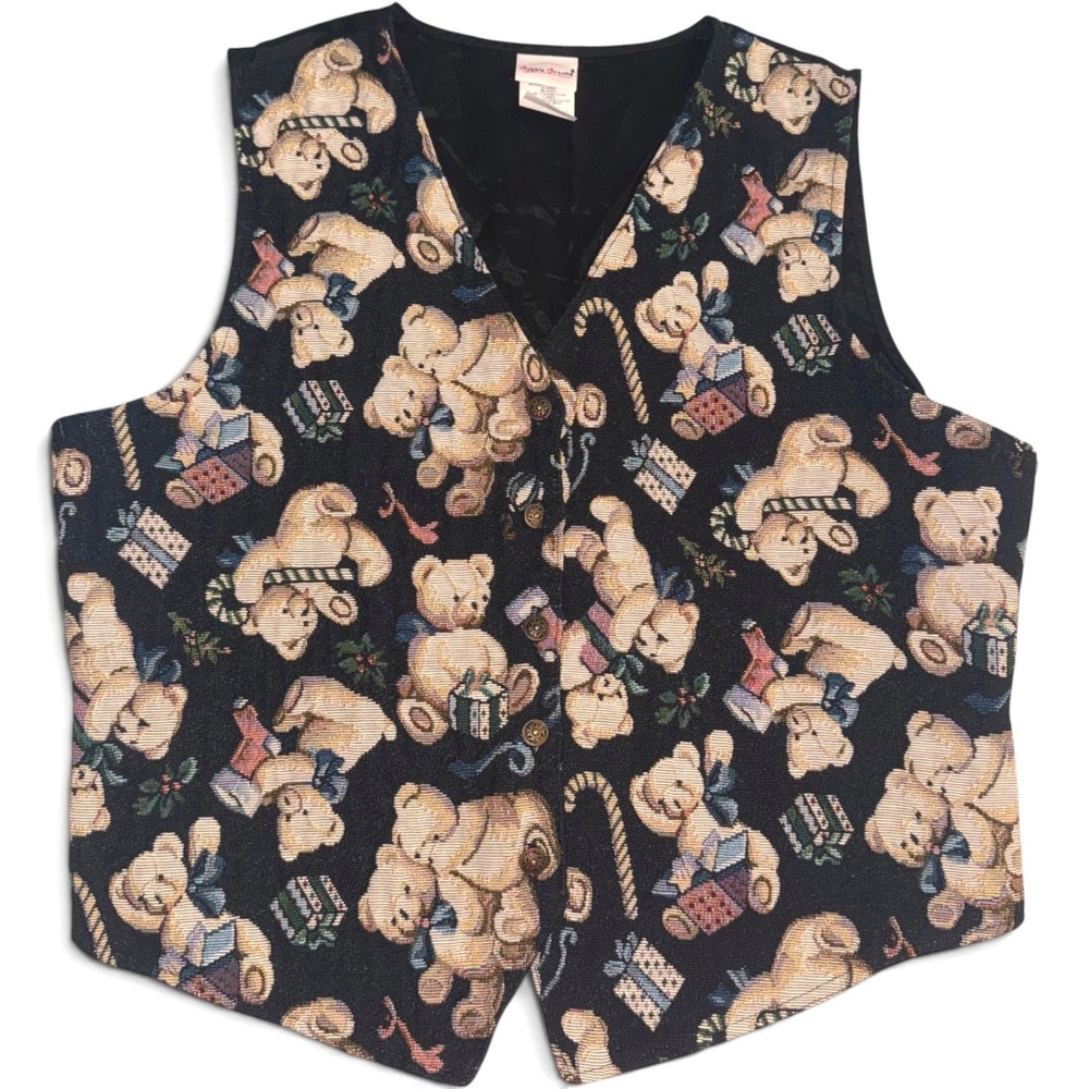 Bobbie Brooks Vest Women XL Black Vintage 90s Teddy Bear Christmas Tapestry